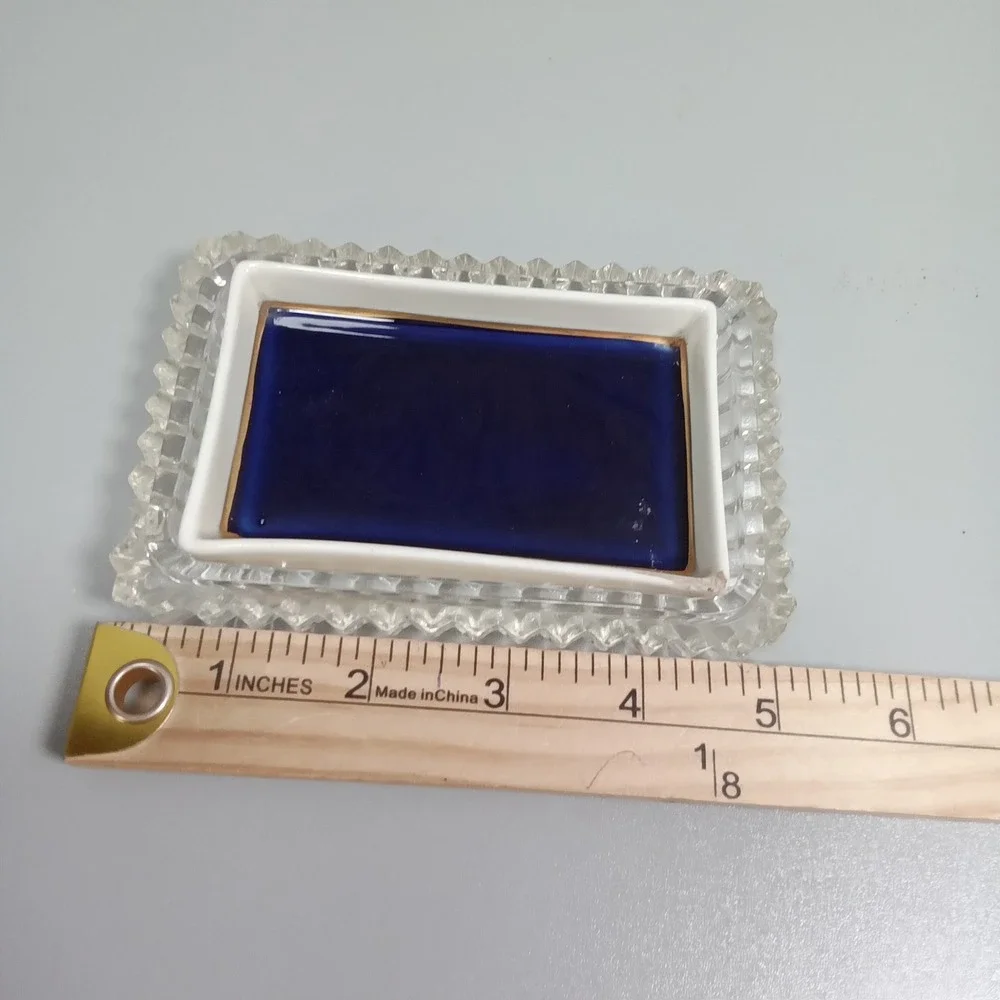 Vintage FBS Czechoslovakia Cobalt Blue‎ Hand Painted Glass Trinket Dish Set